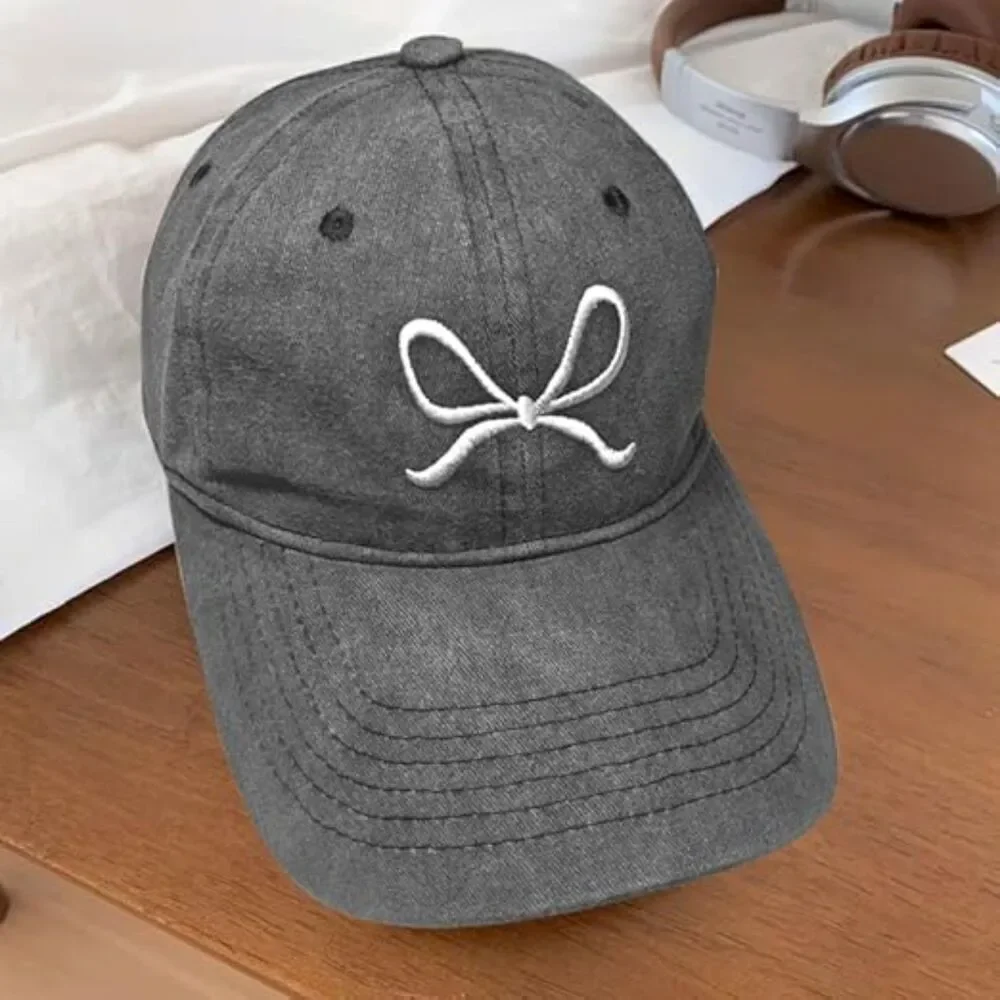 Unisex Black Washed Embroidered Bow Tie 100% Cotton Adjustable Fit Baseball Cap